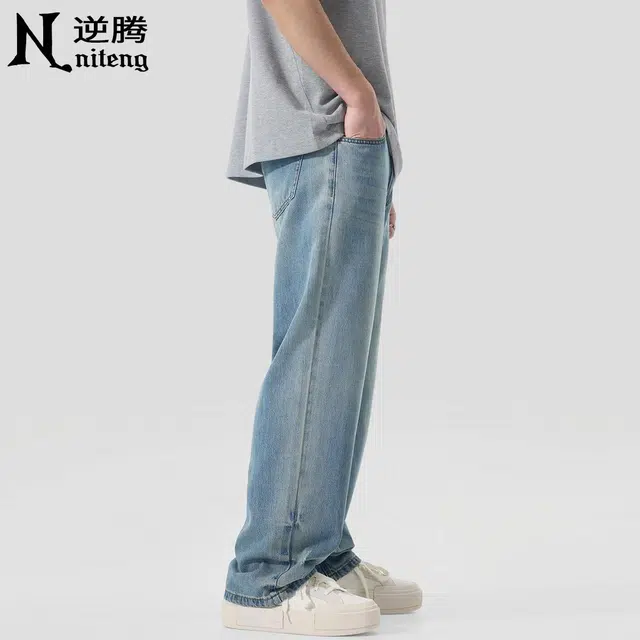 逆腾 潮牌百搭破洞直筒垂感牛仔裤 男款 蓝色