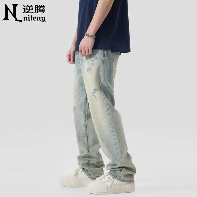 逆腾 潮牌做旧破洞宽松直筒牛仔裤 男款 怀旧蓝