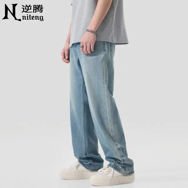 逆腾 潮牌百搭破洞直筒垂感牛仔裤 男款 蓝色