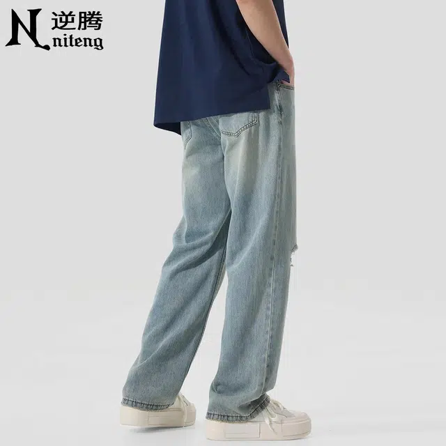 逆腾 潮牌高街破洞垂感直筒牛仔裤 男款 蓝色