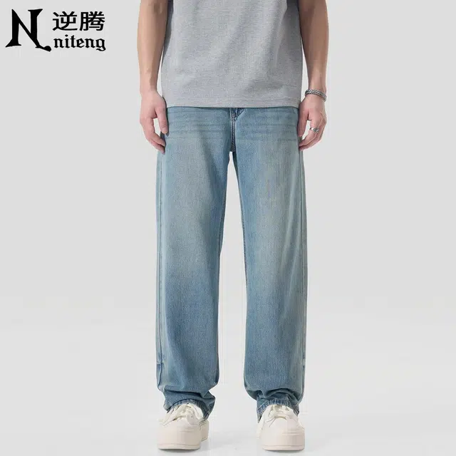 逆腾 潮牌百搭破洞直筒垂感牛仔裤 男款 蓝色