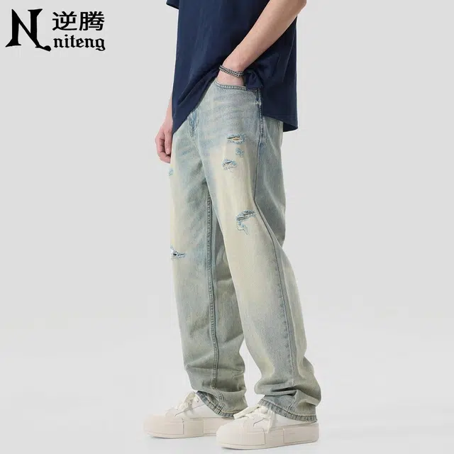 逆腾 潮牌做旧破洞宽松直筒牛仔裤 男款 怀旧蓝