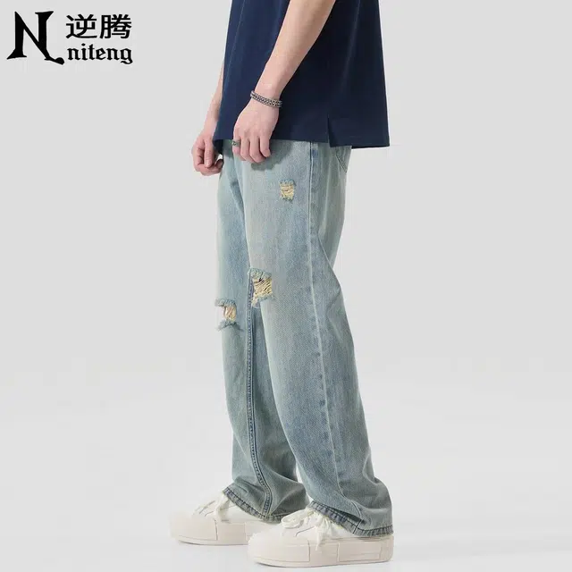逆腾 潮牌高街破洞垂感直筒牛仔裤 男款 蓝色
