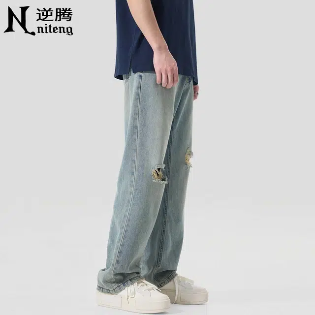逆腾 潮牌高街破洞垂感直筒牛仔裤 男款 蓝色