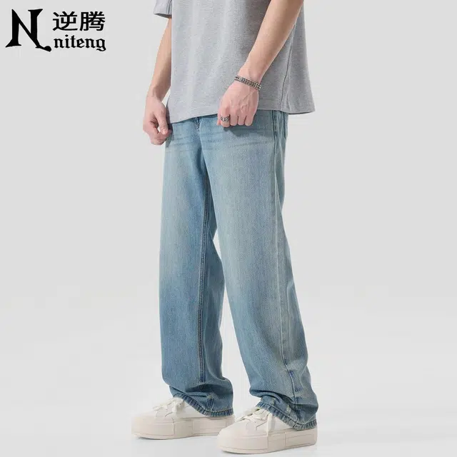 逆腾 潮牌百搭破洞直筒垂感牛仔裤 男款 蓝色