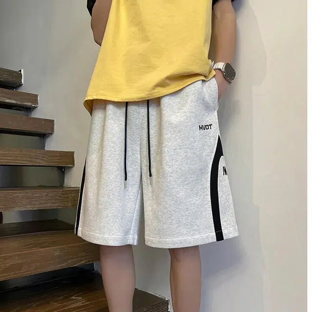 宾力克 美式复古基础款拼接字母中腰系带宽松舒适时尚潮流日常百搭运动五分休闲短裤 男女同款