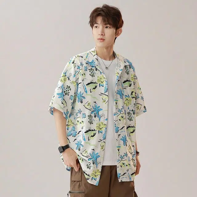 大白鲨 港味古感短袖男泰国夏威夷复古衬衣痞帅外套潮衬衫 男款 大溪地蓝