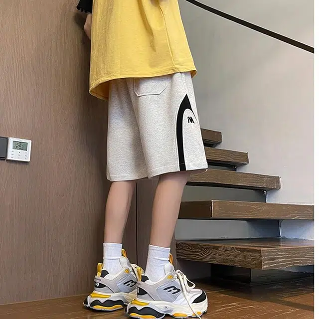 宾力克 美式复古基础款拼接字母中腰系带宽松舒适时尚潮流日常百搭运动五分休闲短裤 男女同款