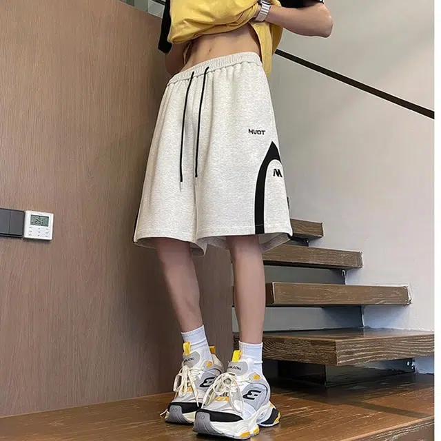 宾力克 美式复古基础款拼接字母中腰系带宽松舒适时尚潮流日常百搭运动五分休闲短裤 男女同款