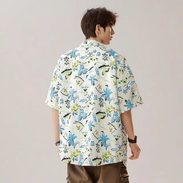 大白鲨 港味古感短袖男泰国夏威夷复古衬衣痞帅外套潮衬衫 男款 大溪地蓝