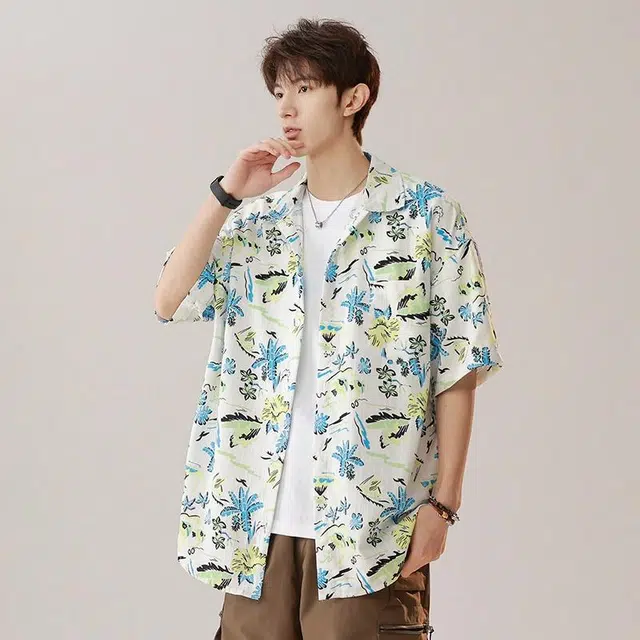 大白鲨 港味古感短袖男泰国夏威夷复古衬衣痞帅外套潮衬衫 男款 大溪地蓝