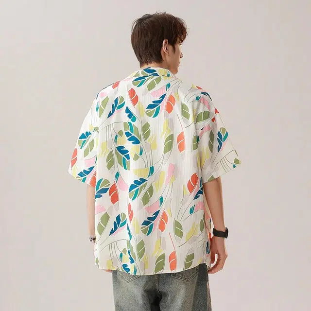大白鲨 度假风泰式复古港风花古巴领短袖衬衫 男款 加纳红