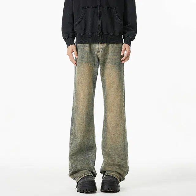 快鱼 美式高街水洗复古微喇百搭日常通勤潮牌弯刀修身显瘦牛仔裤 男女同款