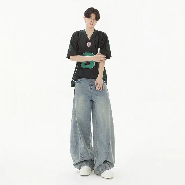 绘承 美式做旧宽松阔腿休闲百搭潮流长裤牛仔裤 男女同款 复古蓝