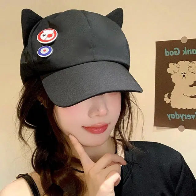 玄唐 二次元动漫卡通猫耳朵春夏季甜美可爱小众日系大头围显脸小百搭亚文化少萝萌系宅棉帽 聚酯纤维 鸭舌帽 女款