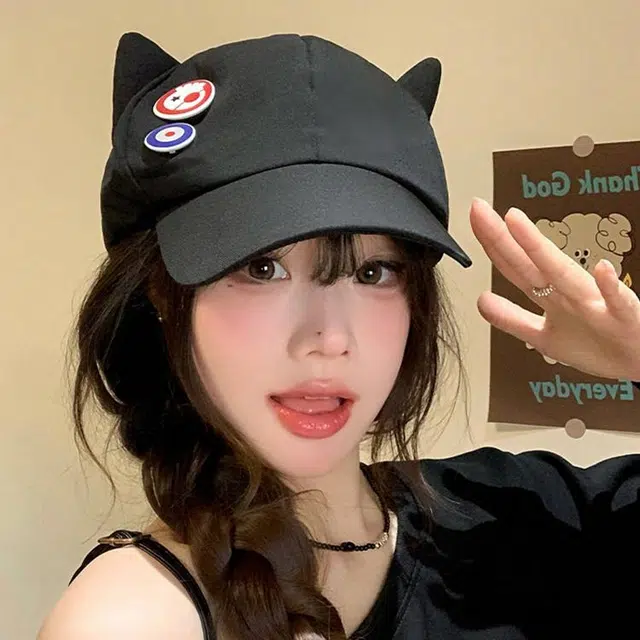 玄唐 二次元动漫卡通猫耳朵春夏季甜美可爱小众日系大头围显脸小百搭亚文化少萝萌系宅棉帽 聚酯纤维 鸭舌帽 女款