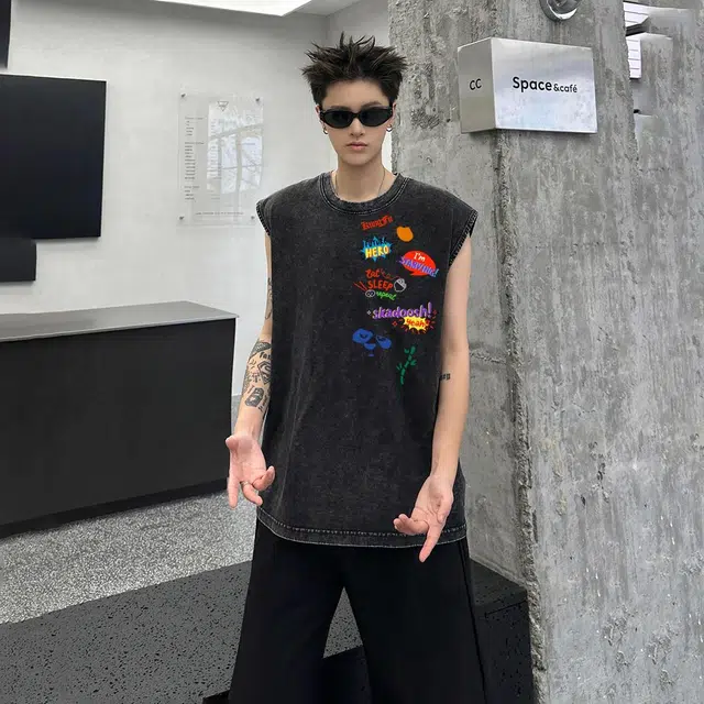 功夫熊猫 美式复古休闲宽松高街创意复古做旧运动健身无袖背心 男女同款
