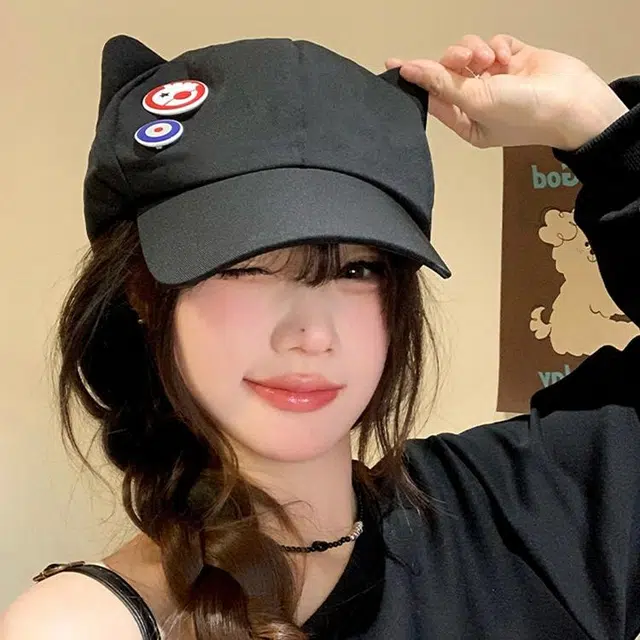 玄唐 二次元动漫卡通猫耳朵春夏季甜美可爱小众日系大头围显脸小百搭亚文化少萝萌系宅棉帽 聚酯纤维 鸭舌帽 女款