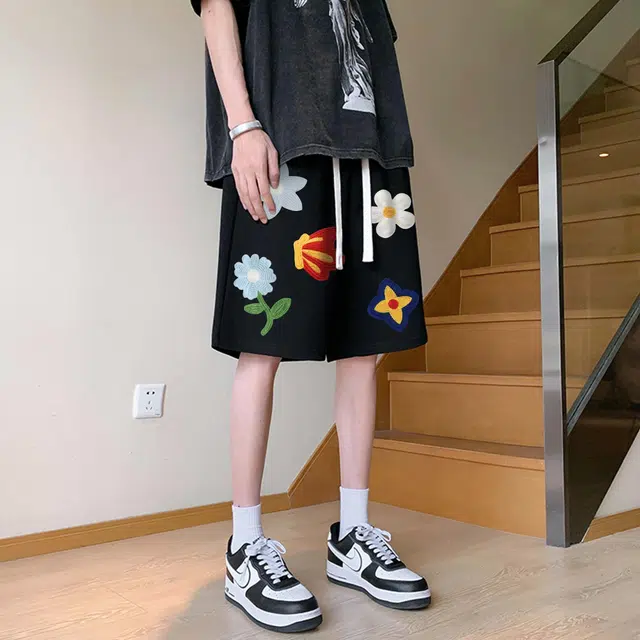 物质公式 美式高街复古重磅五分裤仿刺绣毛线趣味植物花卉印花设计百搭系带针织透气学生党简约日系冰丝凉感跑步篮球运动休闲短裤 男女同款