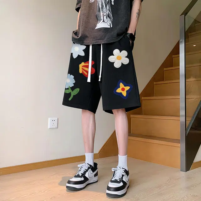 物质公式 美式高街复古重磅五分裤仿刺绣毛线趣味植物花卉印花设计百搭系带针织透气学生党简约日系冰丝凉感跑步篮球运动休闲短裤 男女同款