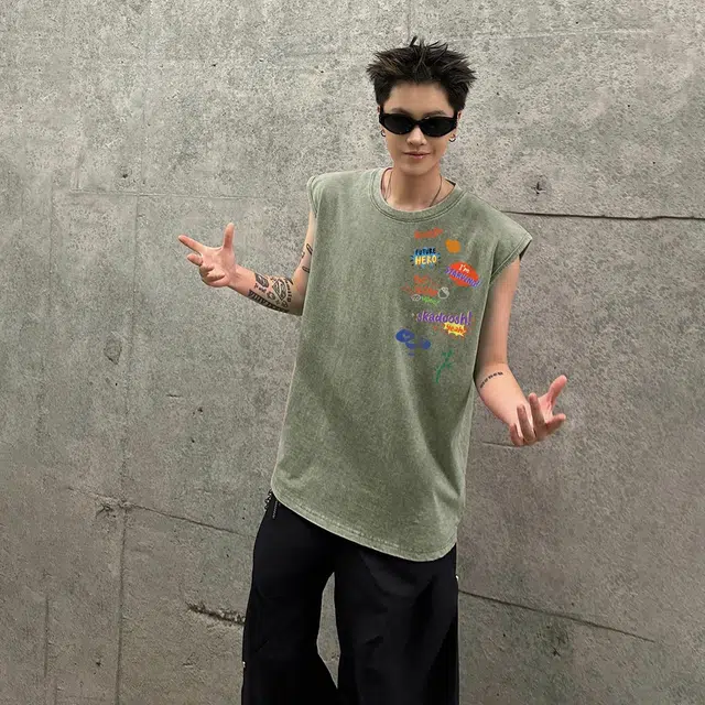 功夫熊猫 美式复古休闲宽松高街创意复古做旧运动健身无袖背心 男女同款