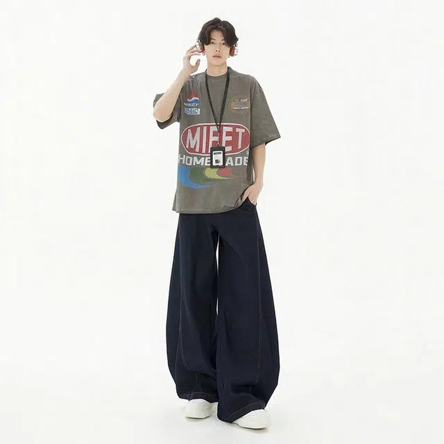 绘承 美式复古纯色高街分割线阔腿弯刀宽松休闲日常通勤百搭牛仔裤 男女同款