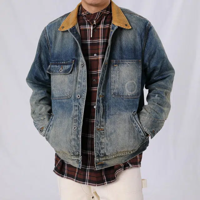 实年服工 美式做旧水洗灯芯绒领工装牛仔外套 男款 复古蓝
