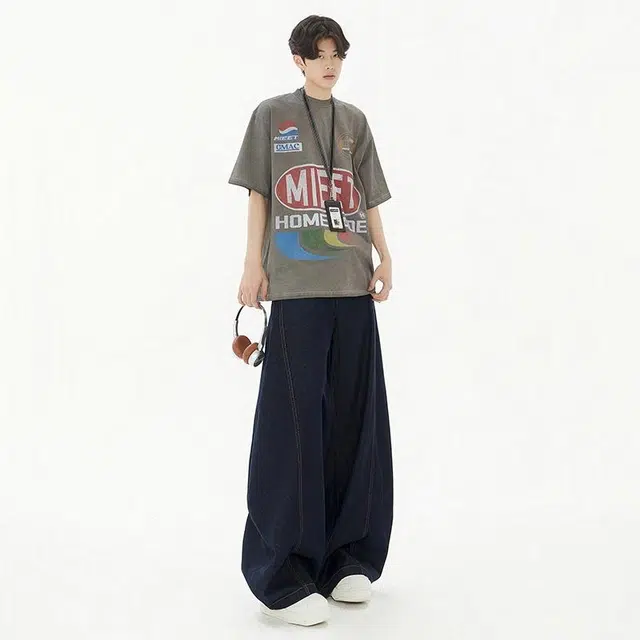 绘承 美式复古纯色高街分割线阔腿弯刀宽松休闲日常通勤百搭牛仔裤 男女同款