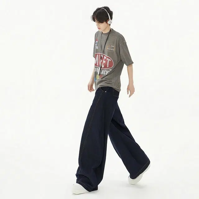 绘承 美式复古纯色高街分割线阔腿弯刀宽松休闲日常通勤百搭牛仔裤 男女同款