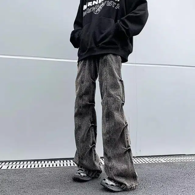 宾力克 美式复古宽松高街拼接水洗做旧褶皱牛仔裤 男女同款 废土黑
