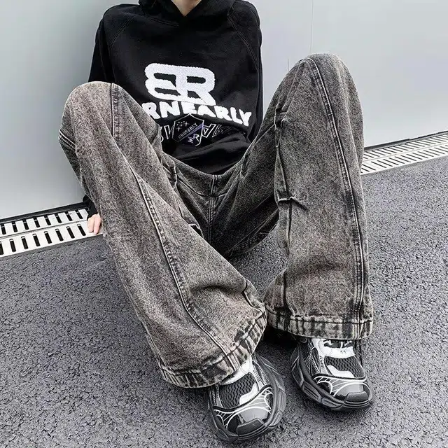 宾力克 美式复古宽松高街拼接水洗做旧褶皱牛仔裤 男女同款 废土黑