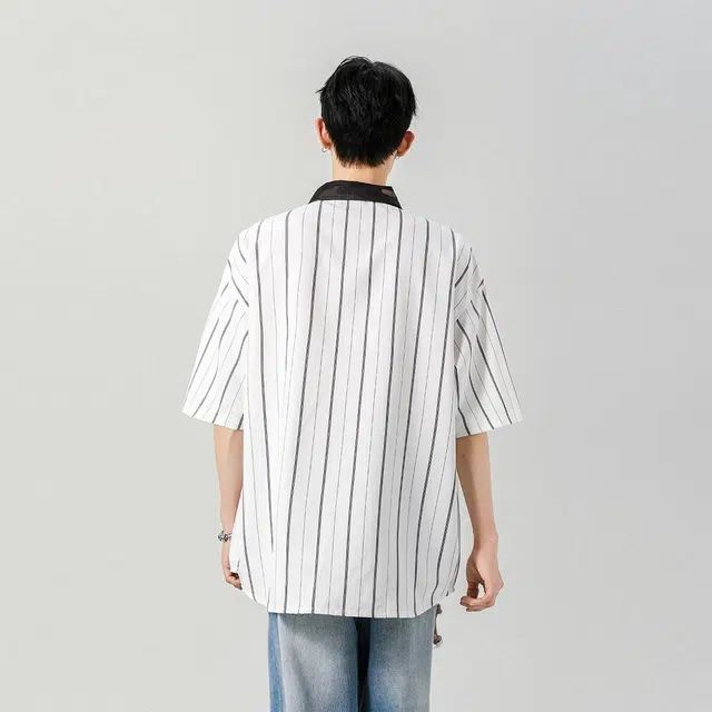 棉基因 日系文艺风简约百搭条纹设计宽松休闲短袖衬衫 男女同款