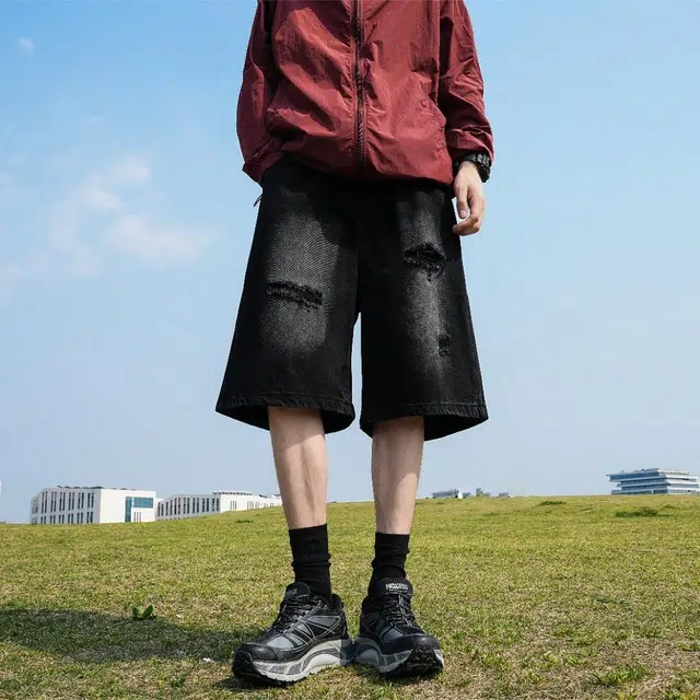 颂希尔 水洗做旧破洞美式复古中裤牛仔短裤 男女同款