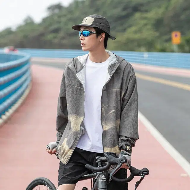 大白鲨 纯色山系户外撞色扎染男生夏季薄款情侣皮肤衣宽松高街潮流连帽长袖防晒服 男款