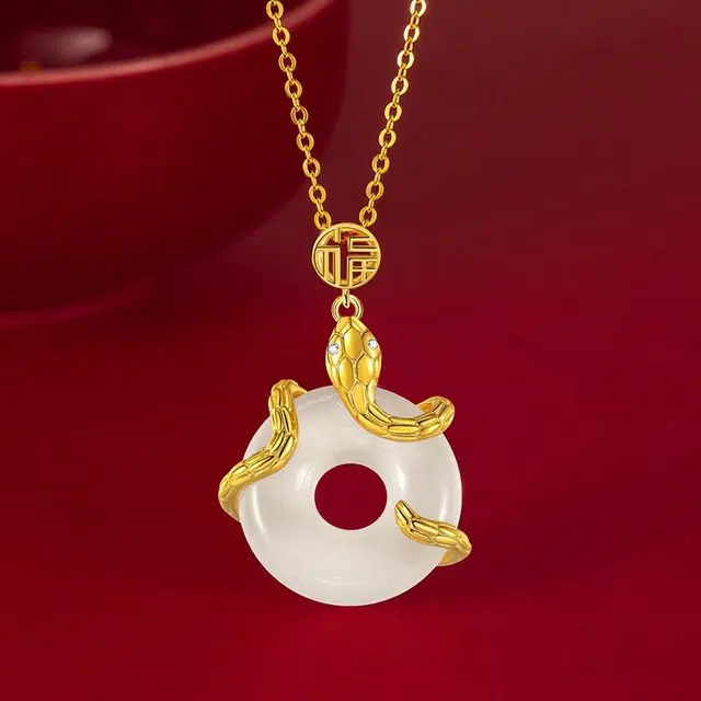 凤庙珠宝 灵蛇吊坠 新中式平安扣吉祥如意招财纳福蛇年大吉 复古生肖蛇精致国潮锁骨链小众设计#好运 玉髓 玉石项链 女款