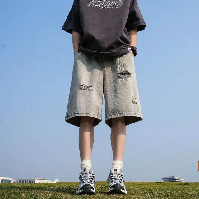颂希尔 水洗做旧破洞美式复古中裤牛仔短裤 男女同款