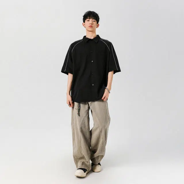 棉基因 日系文艺风简约纯色基础款宽松休闲翻领短袖衬衫 男女同款
