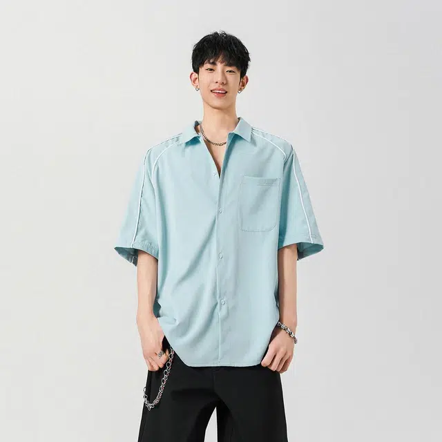 棉基因 日系文艺风简约纯色基础款宽松休闲翻领短袖衬衫 男女同款