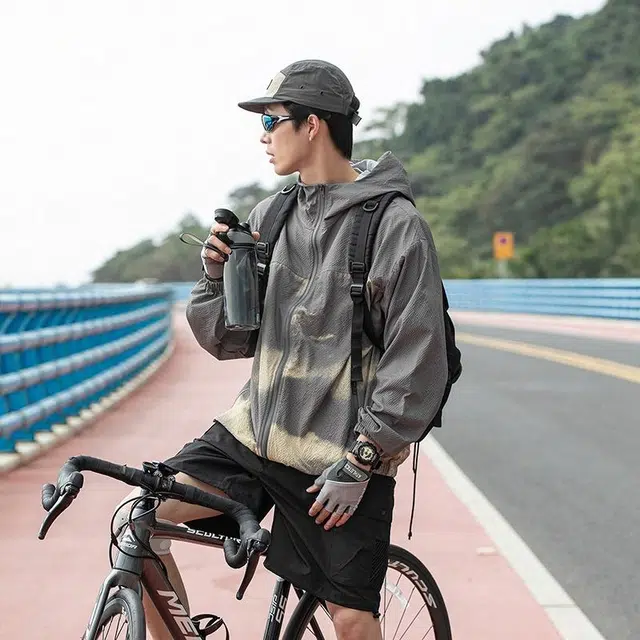 大白鲨 纯色山系户外撞色扎染男生夏季薄款情侣皮肤衣宽松高街潮流连帽长袖防晒服 男款