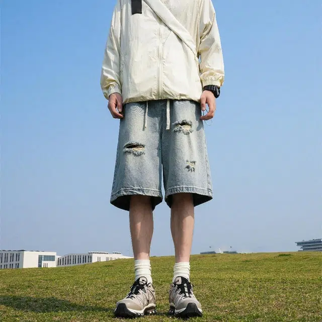 颂希尔 水洗做旧破洞美式复古中裤牛仔短裤 男女同款