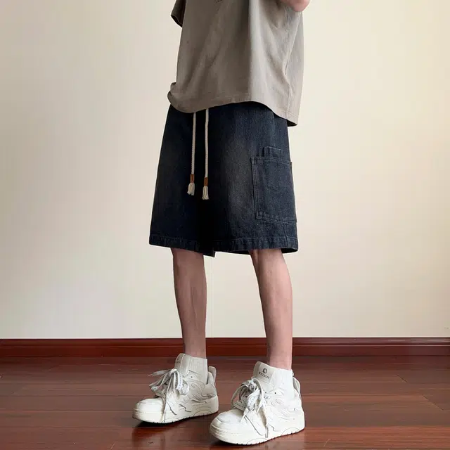 宜而爽 美式复古潮流街头侧边大口袋工装水洗做旧舒适透气休闲百搭系带五分牛仔短裤 男女同款
