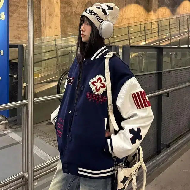 宜而爽  美式高街复古潮牌背面毛巾刺绣字母撞色拼接外套街头嘻哈痞帅时尚潮流设计高级氛围感宽松落肩休闲舒适百搭棒球服 男女同款
