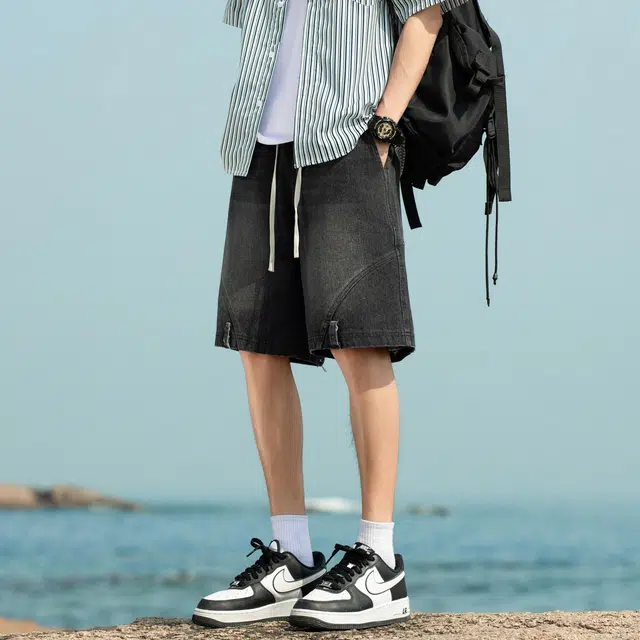 宜而爽 美式复古潮流街头时尚裤子反着穿不规则设计水洗做旧宽松休闲百搭舒适透气系带五分牛仔短裤 男女同款