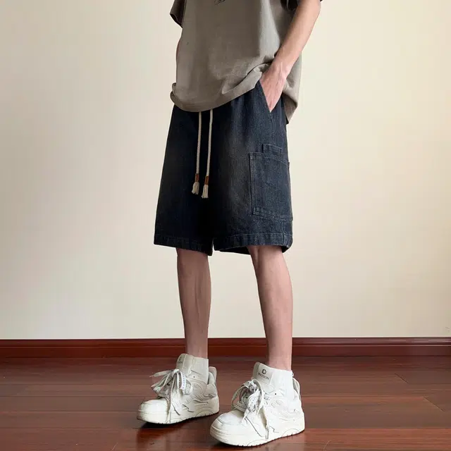 宜而爽 美式复古潮流街头侧边大口袋工装水洗做旧舒适透气休闲百搭系带五分牛仔短裤 男女同款