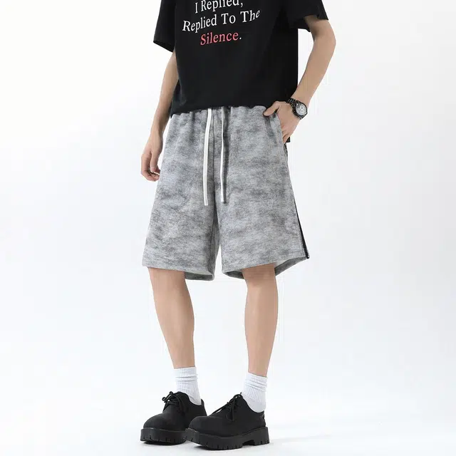 棉基因 美式高街复古做旧拼接条纹设计潮流个性五分休闲短裤 男女同款