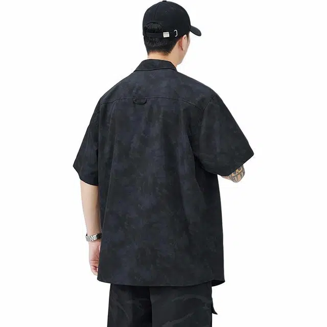 希越 潮牌宽松工装休闲百搭短袖衬衫 男款 黑色