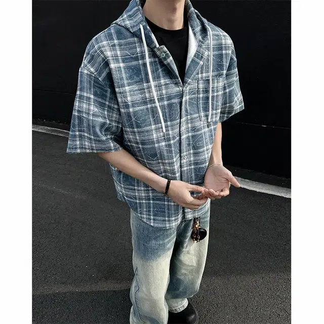 宾力克 美式复古经典格纹创意小众设计宽松水洗做旧舒适百搭日常通勤学院风休闲连帽短袖衬衫 男女同款 蓝色