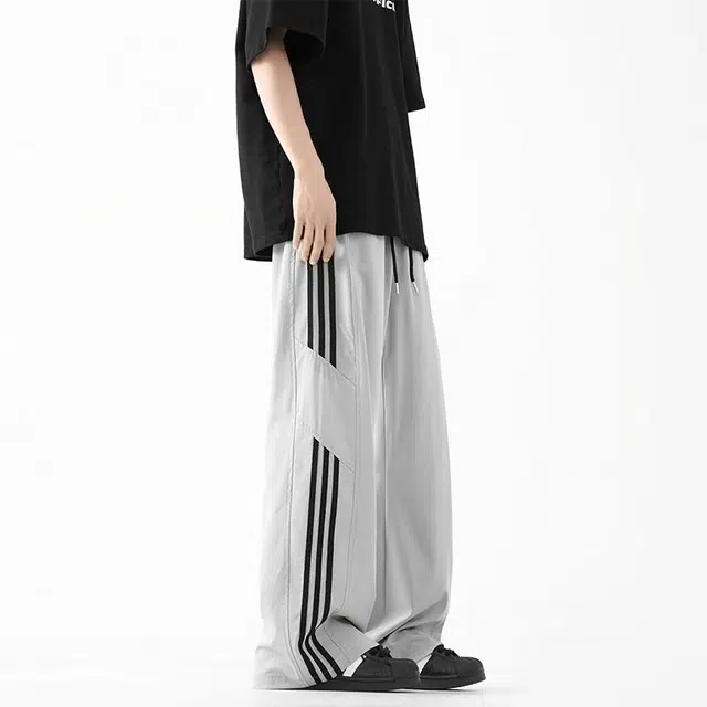 行更远 美式条纹冰丝速干直筒裤夏季潮牌设计感痞帅宽松百搭休闲裤 男女同款