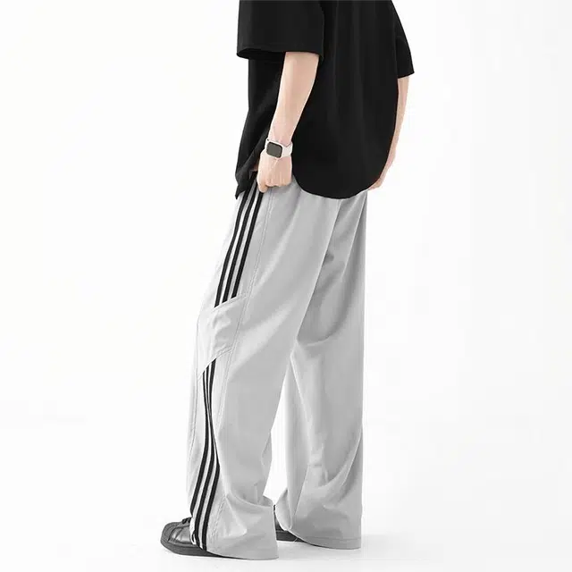 行更远 美式条纹冰丝速干直筒裤夏季潮牌设计感痞帅宽松百搭休闲裤 男女同款