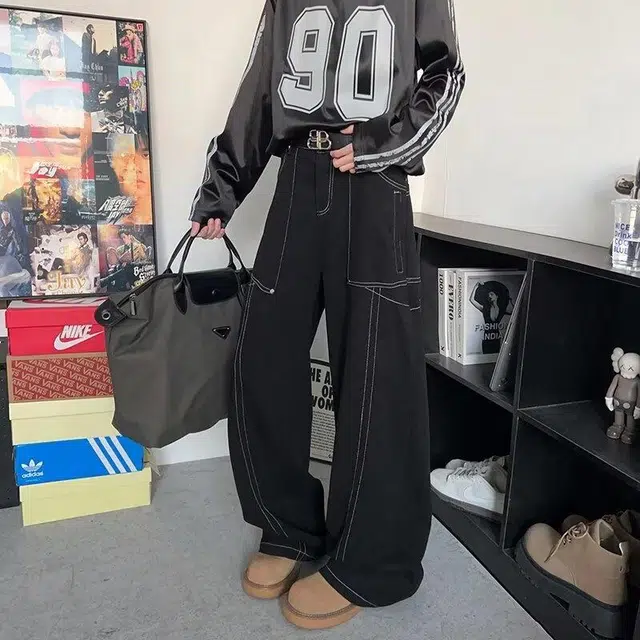 大白鲨 微弹直筒中腰美式复古明线设计感阔腿拼接舒适炸街百搭牛仔裤 男女同款 黑色